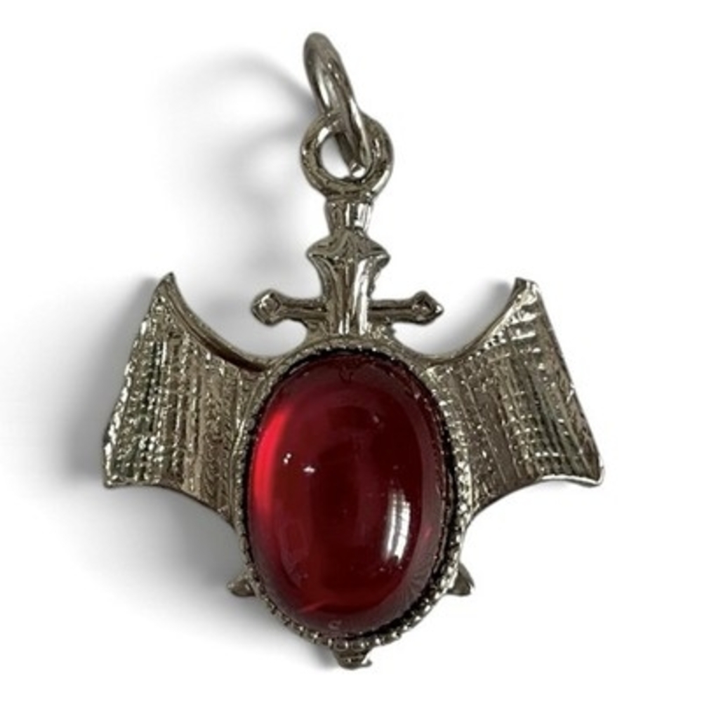 Vintage Gothic Silver Bat Pendant Red Cabochon Vampire Charm VG 1.25x1.5"